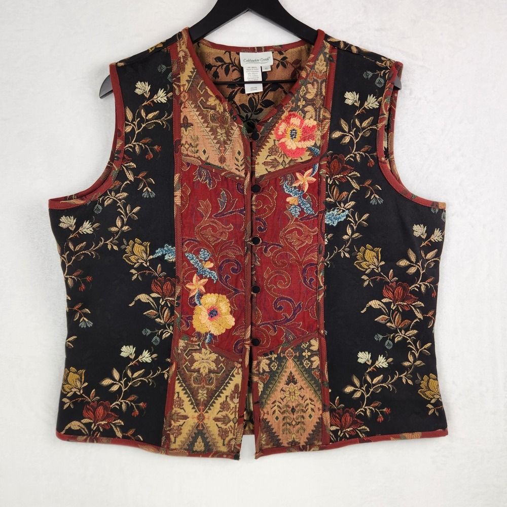 Coldwater Creek Vest XL Floral Patchwork Tapestry Boho Artsy Cottage Prairie